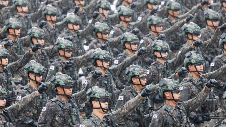 South Korean troops march during a celebration.