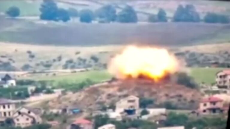 A large explosion on a hill in Karabakh.