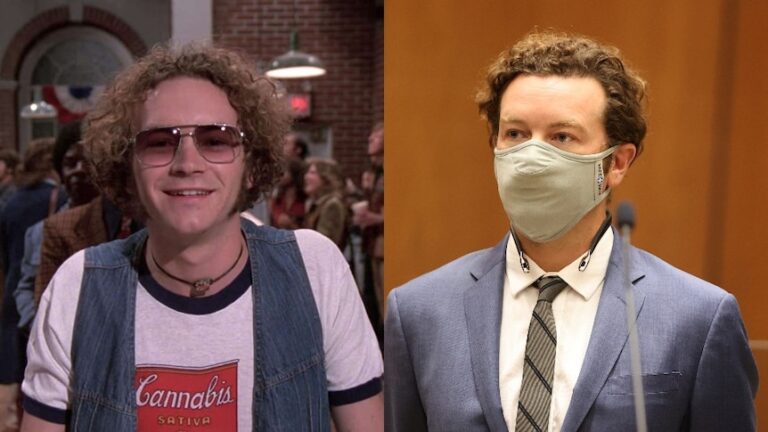 An image from That '70s Show of a man with curly hair and glasses smiling, next to a photo of a man in a courtroom in a suit