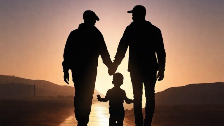 A Same sex family with a child walk at sunset in a silhouette image.