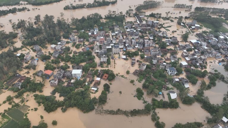 A view from above shows flooding.