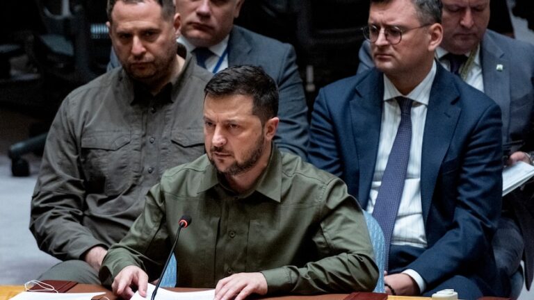 Ukrainian President Volodymyr Zelenskyy addresses a high level Security Council meeting.