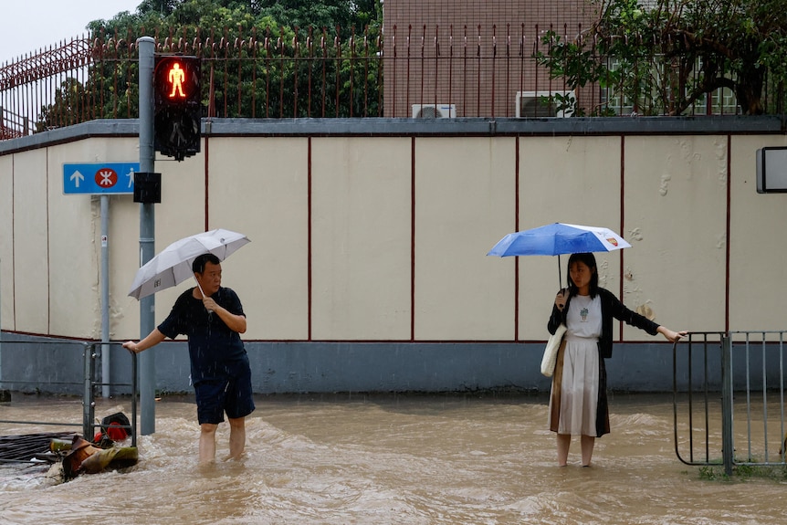 Dos personas sostienen un paraguas en una mano y una valla en la otra.