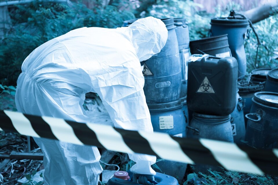 cientifico asiatico usa traje proteccion quimica verifica peligro quimico trabajando zonas peligrosas autenticando quimicos peligrosos