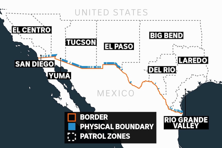 Ves un mapa de la frontera entre Estados Unidos y México, con un diagrama de las partes que tienen vallas.