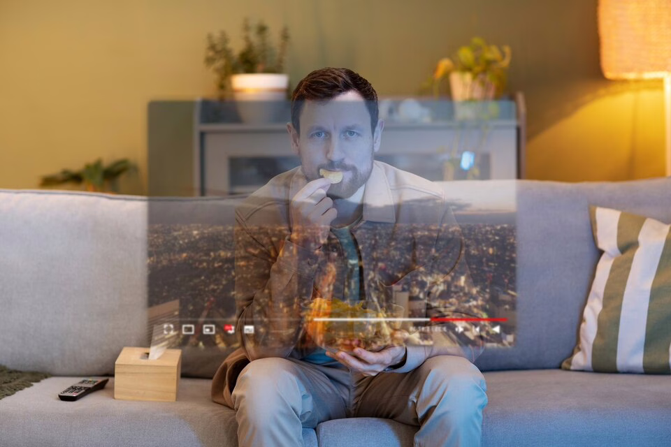 hombre tiro medio mirando pantalla flotante