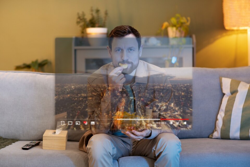 hombre tiro medio mirando pantalla flotante