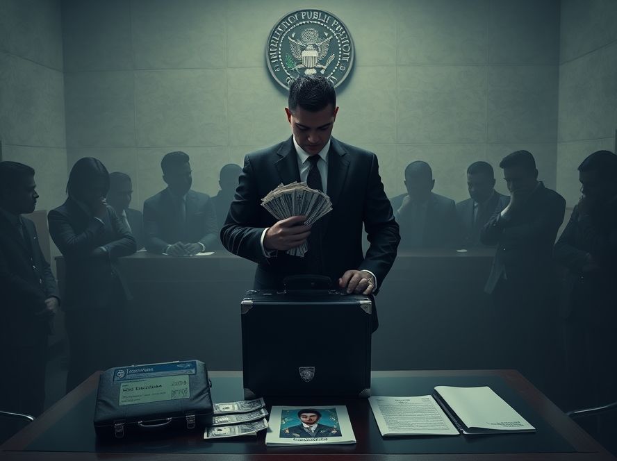 {"prompt":"A dramatic, realistic photojournalistic scene inside a Venezuelan courthouse or prosecutor's office in Carabobo. In the center, a shadowy man in a suit (not showing his face) holds a briefcase overflowing with cash, standing next to an official desk with a Ministry of Public Prosecution logo. Around him, semi-transparent silhouettes of 11 prosecutors in formal attire look away or cover their eyes, symbolizing complicity. On the desk: a fake ID card labeled "Fiscal Auxiliar", a police database screen showing "Siipol - Solicitud de Captura", and a document","originalPrompt":"A dramatic, realistic photojournalistic scene inside a Venezuelan courthouse or prosecutor's office in Carabobo. In the center, a shadowy man in a suit (not showing his face) holds a briefcase overflowing with cash, standing next to an official desk with a Ministry of Public Prosecution logo. Around him, semi-transparent silhouettes of 11 prosecutors in formal attire look away or cover their eyes, symbolizing complicity. On the desk: a fake ID card labeled "Fiscal Auxiliar", a police database screen showing "Siipol - Solicitud de Captura", and a document","width":886,"height":665,"seed":42,"model":"flux","enhance":false,"nologo":true,"negative_prompt":"undefined","nofeed":false,"safe":false,"quality":"medium","image":[],"transparent":false,"isMature":false,"isChild":false}