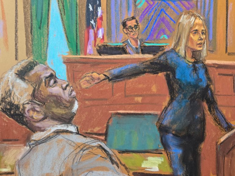 La fiscal Emily Johnson señala a Sean "Diddy" Combs ante el juez de distrito de los Estados Unidos, Arun Subramanian, en el juicio de tráfico sexual de peine en Nueva York, Nueva York, EE. UU., 12 de mayo de 2025, en este esquema de la corte. Reuters/Jane Rosenberg TPX Imágenes del día