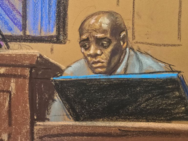 El stripper Daniel Phillip, el segundo testigo del fiscal, testigo en Sean "Diddy" Peine El juicio por tráfico sexual en Nueva York, Nueva York, EE. UU., 12 de mayo de 2025 en este esquema de la corte. Reuters/Jane Rosenberg